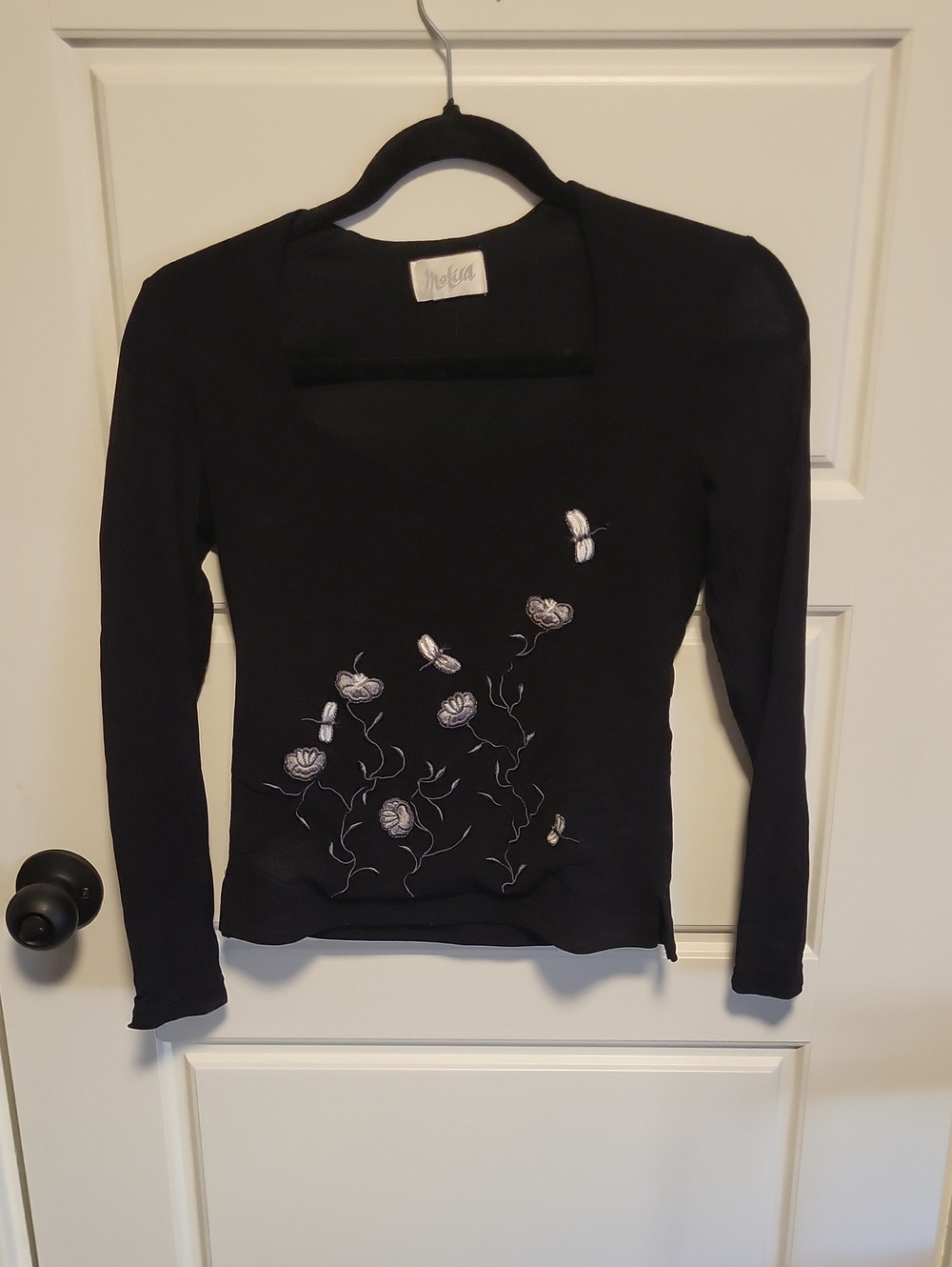 Noisy May Black Long Sleeve Floral Embroidered Tee